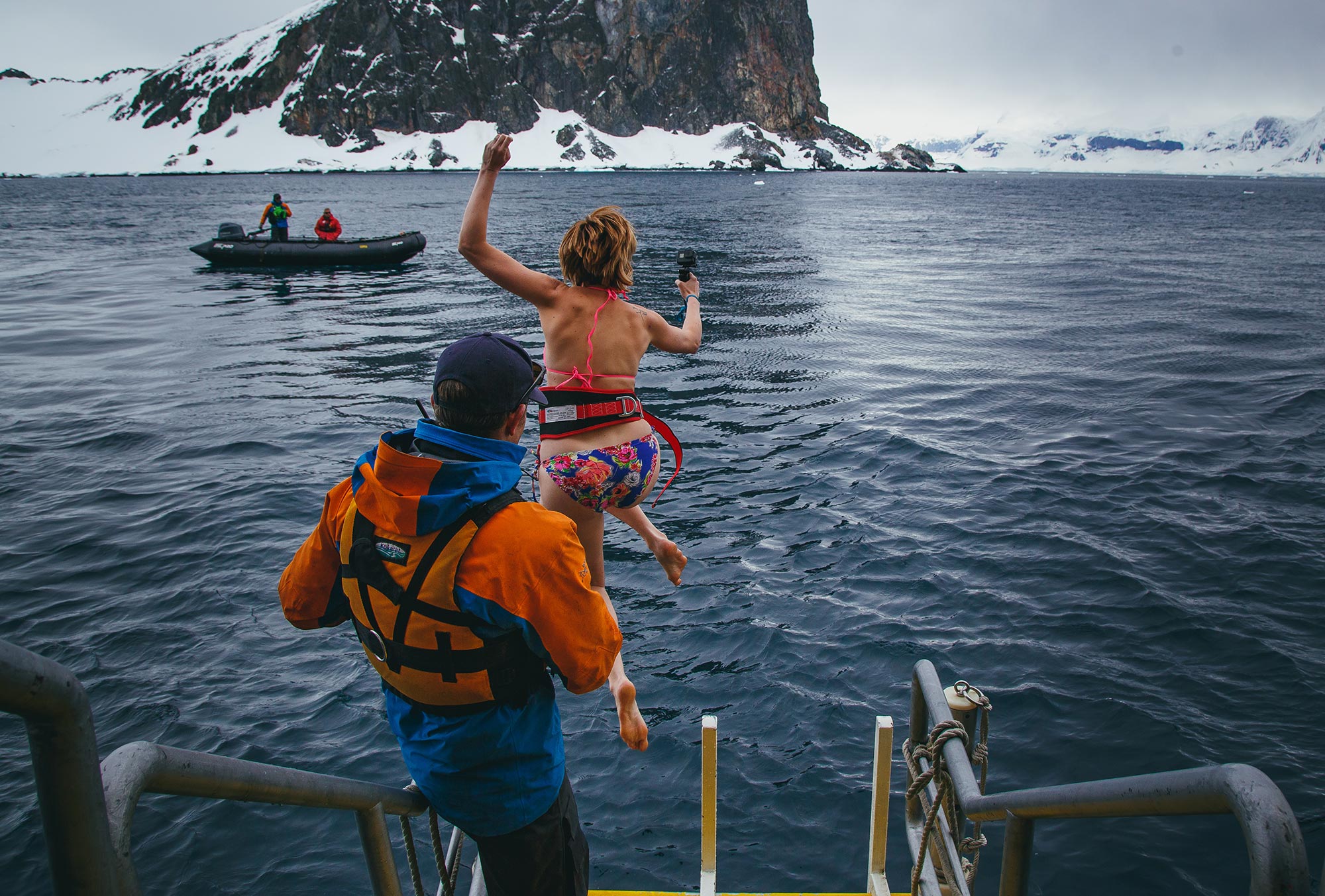 Passenger enjoying the Polar Plunge experience in the Antarctic