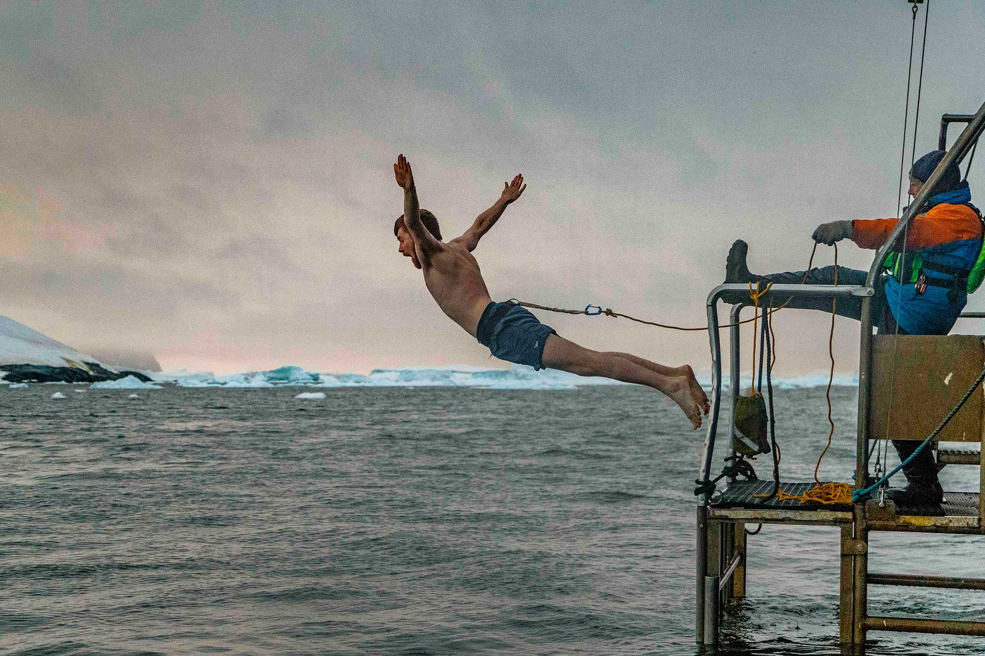 Passenger enjoying the Polar Plunge experience in the Antarctic