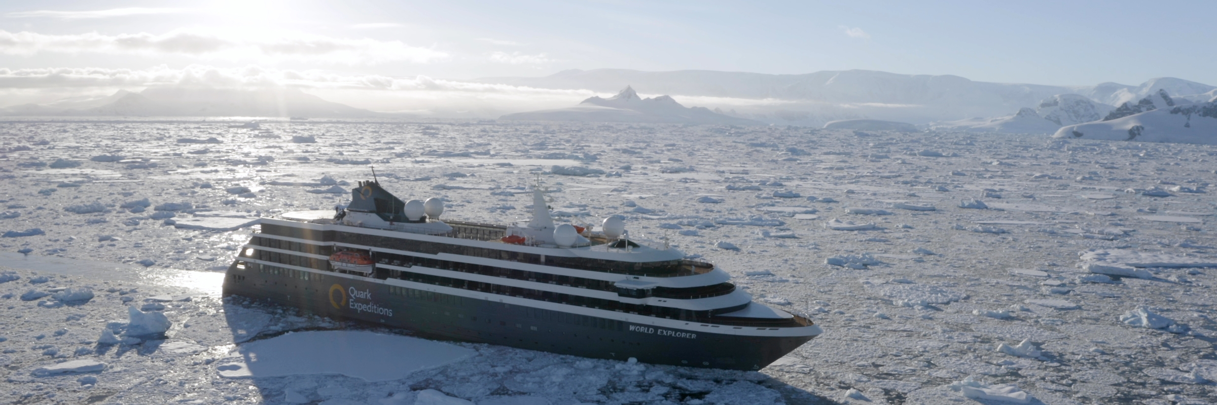 World Explorer cruising through sea ice in the Antarctic Peninsula. 