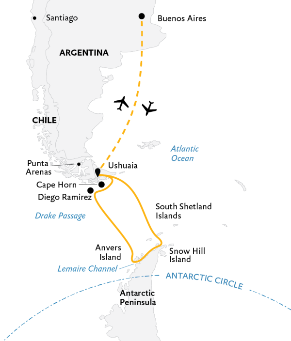 Antarctic Explorer: Discovering the 7th Continent plus Cape Horn and Diego Ramirez Expedition Map, starting from Buenos Aires.