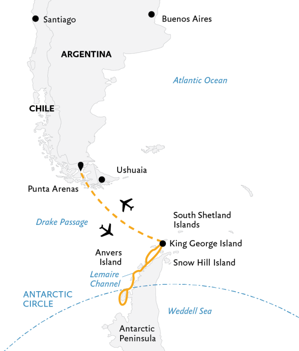 Antarctic Express: Crossing the Circle Expedition Map, starting from Punta Arenas.