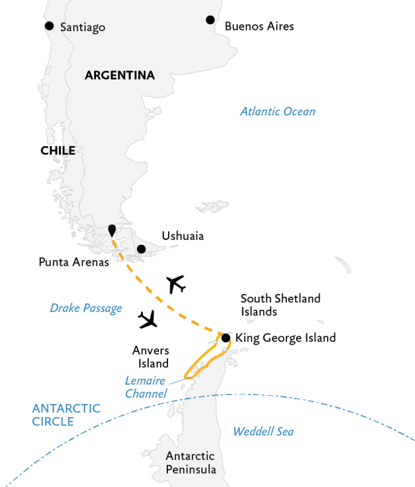 Antarctic Express: Fly the Drake Expedition Map, starting from Punta Arenas.