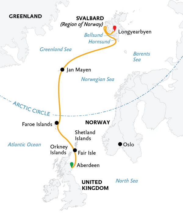 Arctic Saga: Exploring Spitsbergen via the Faroes and Jan Mayen 2021 Expedition Map