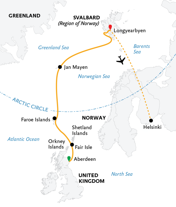 Arctic Saga: Exploring Spitsbergen via the Faroes and Jan Mayen 2023 Map Arctic Saga: Exploring Spitsbergen via the Faroes and Jan Mayen Map