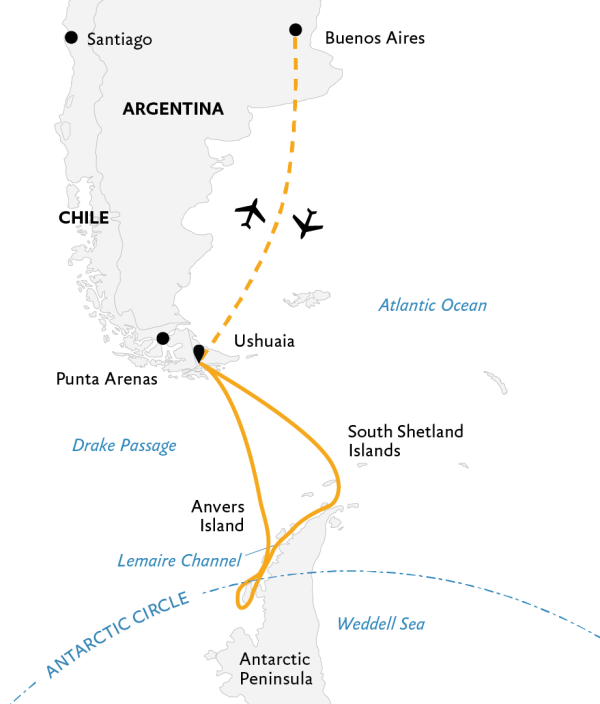 Crossing the Circle: Southern Expedition Map, starting from Buenos Aires.