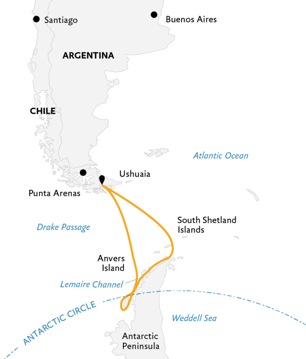 Crossing the Circle: Southern Expedition Map, starting from Ushuaia.