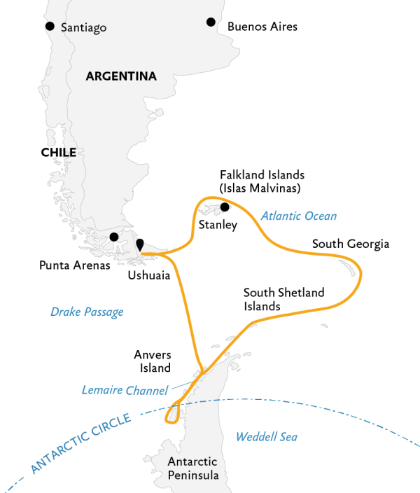 Epic Antarctica: Crossing the Circle via Falklands and South Georgia Expedition Map, starting from Ushuaia