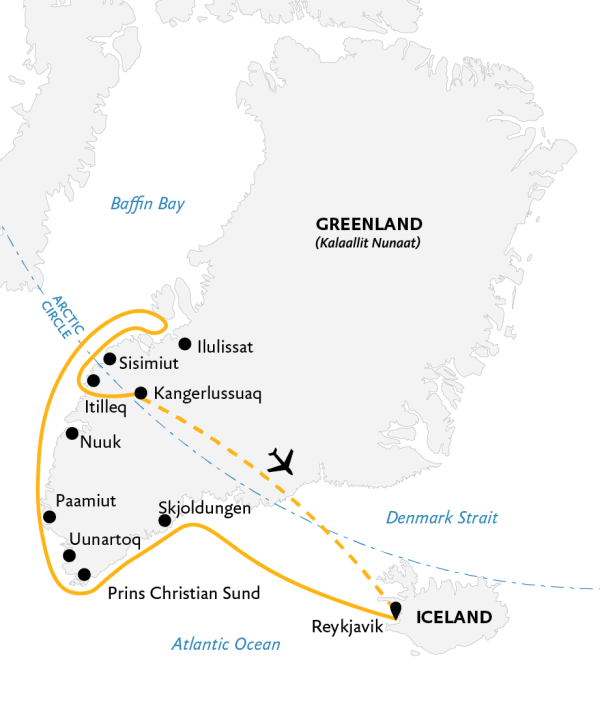 Essential Greenland: Southern Coasts and Disko Bay 2021 Expedition Map