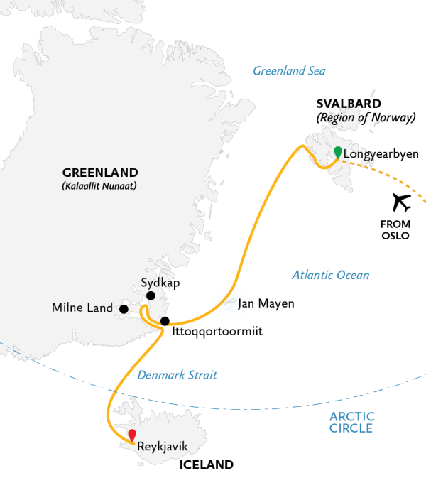 Four Arctic Islands: Spitsbergen, Jan Mayen, Greenland and Iceland itinerary Map