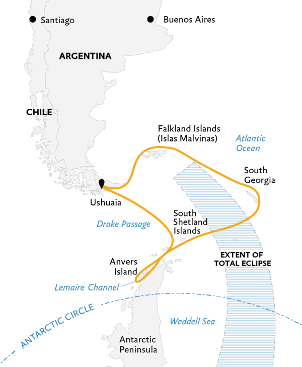 Solar Eclipse 2021: Totality in Antarctica, with South Georgia and Falkland Islands Expedition Map