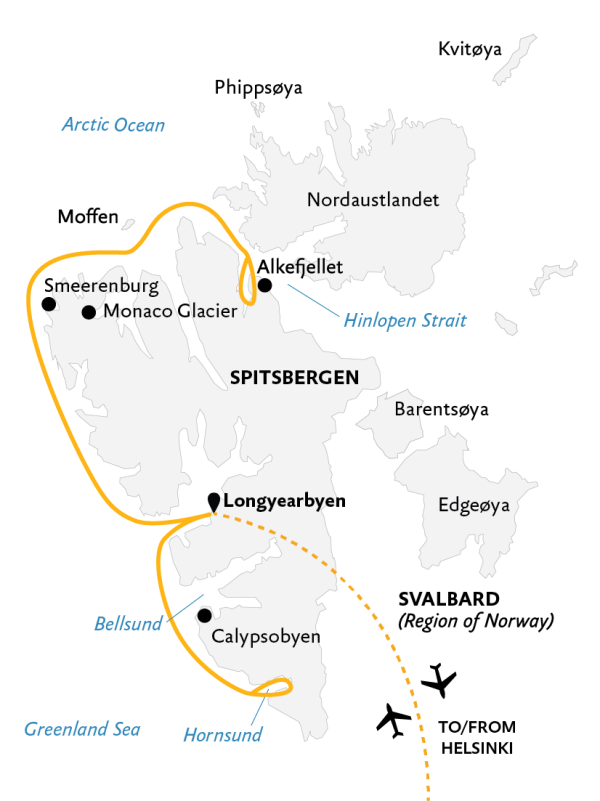 Introduction to Spitsbergen: Fjords, Glaciers and Wildlife of Svalbard 2023 Map Introduction to Spitsbergen: Fjords, Glaciers and Wildlife of Svalbard Map