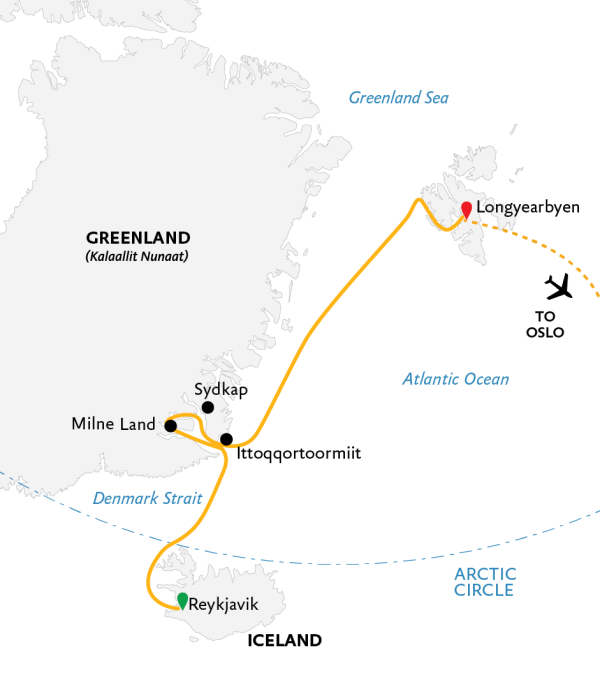 Three Arctic Islands: Iceland, Greenland and Spitsbergen Itinerary Map