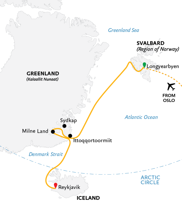 Three Arctic Islands: Spitsbergen, Greenland and Iceland Itinerary Map