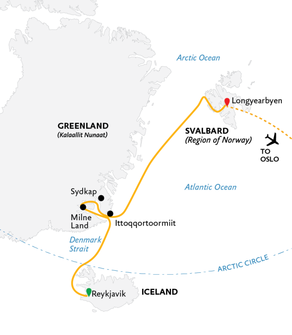 Three Arctic Islands: Iceland, Greenland and Spitsbergen (Northbound) 2021 Expedition Map