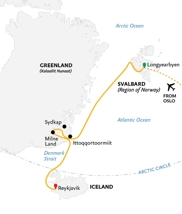 Three Arctic Islands: Spitsbergen, Greenland and Iceland (Southbound) 2021 Expedition Map