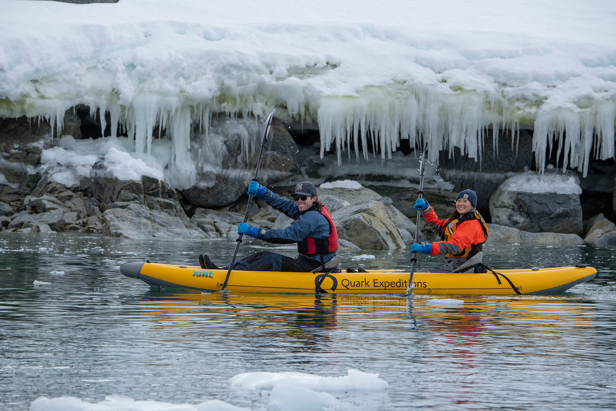 Paddling near icy Antarctic landscape