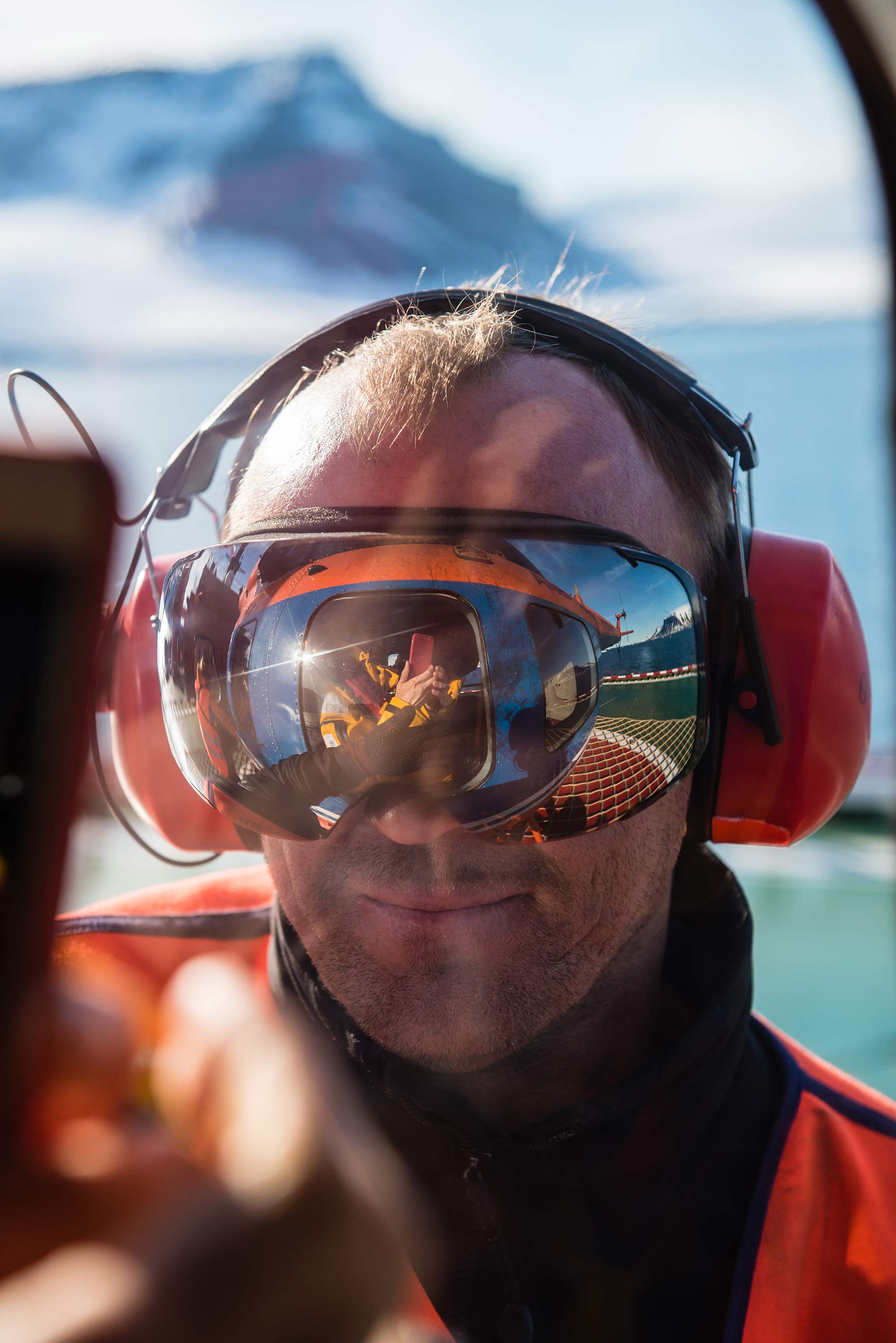 Helicopter reflection in expedition staff eyewear